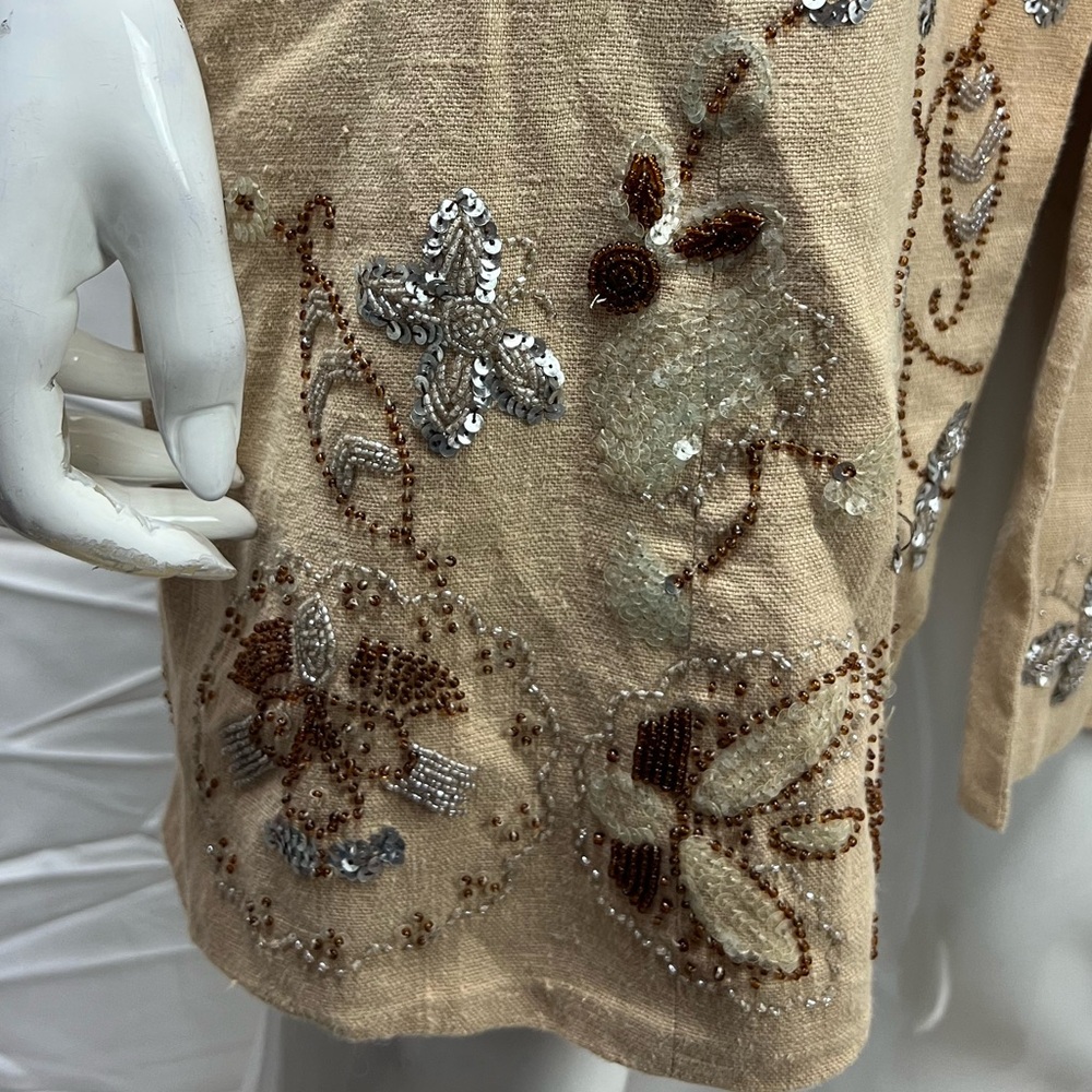 Bebe Vintage Y2K Women's S Beige Linen Beaded Sequins Long Single Button Jacket - Picture 4 of 9